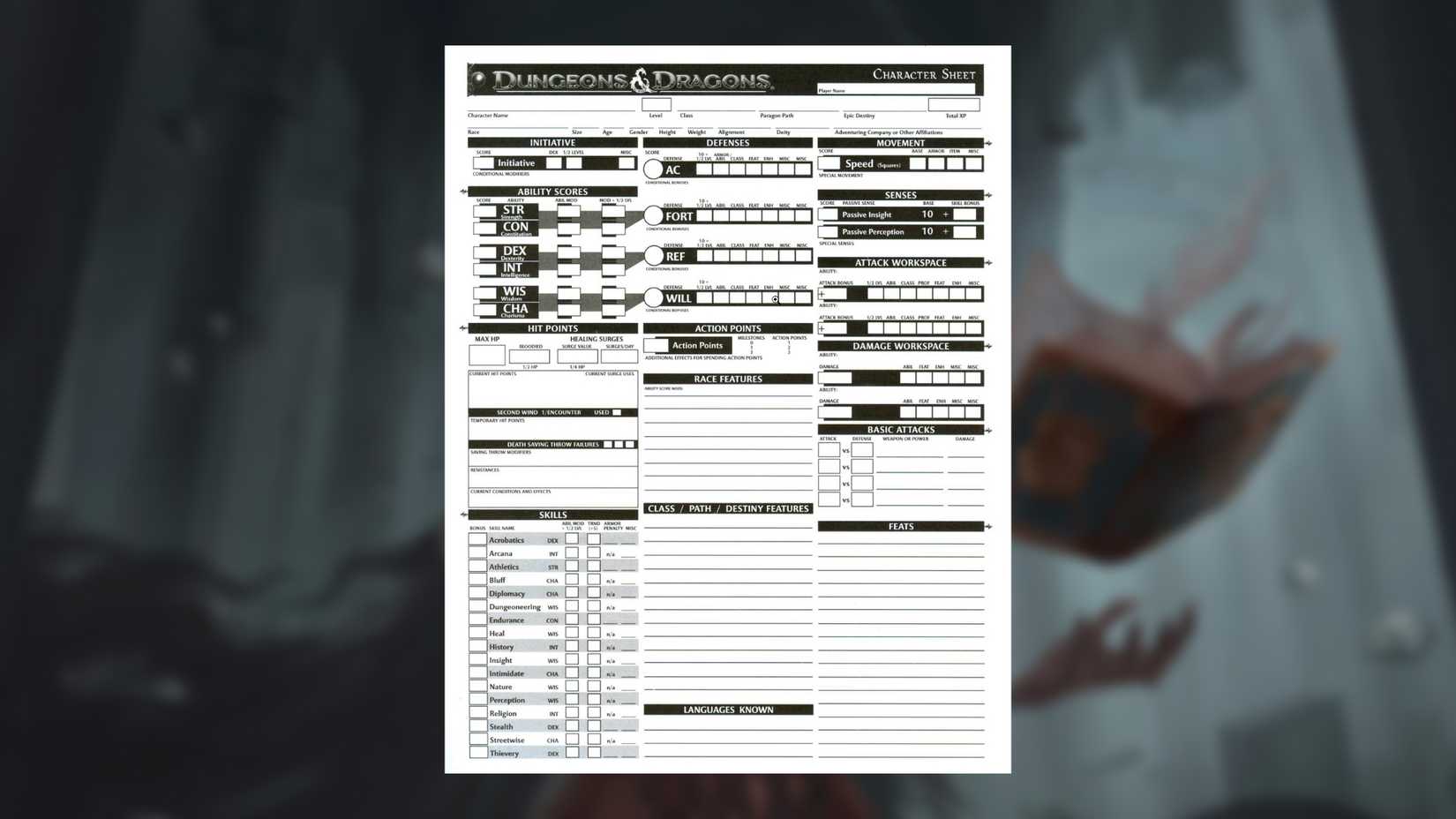 Characteristic sheet of 4E over blur to the token MTG art of adventures in the Forgetten Realms by Irina Nordsol