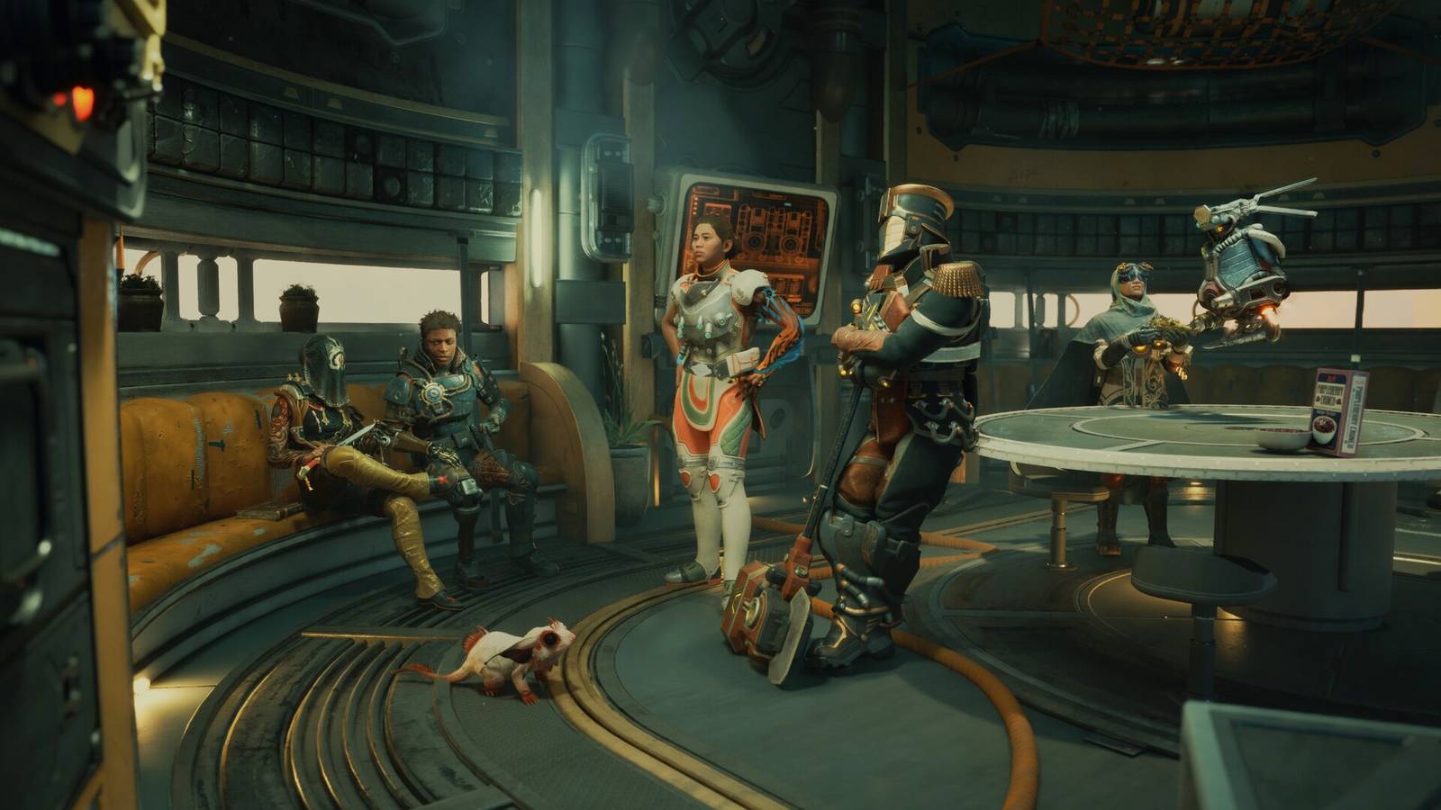 The Outer Worlds 2 characters crowded around a table in a ship.