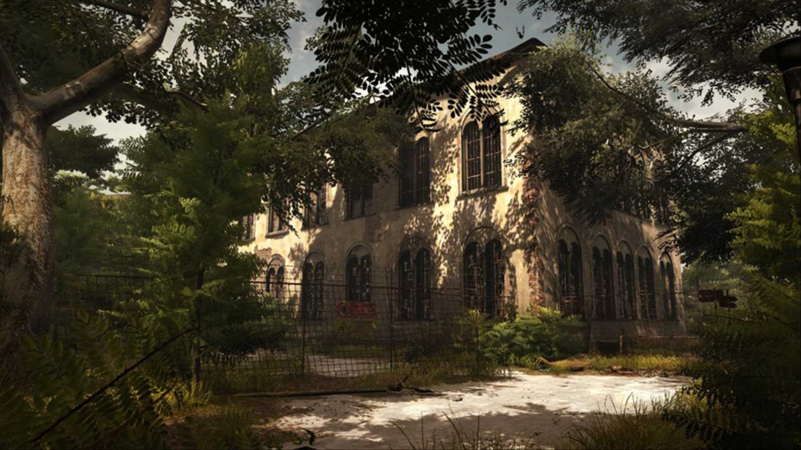 In The Town of Light, you stand outside an abandoned building as light passes through tree branches and illuminates part of the building.