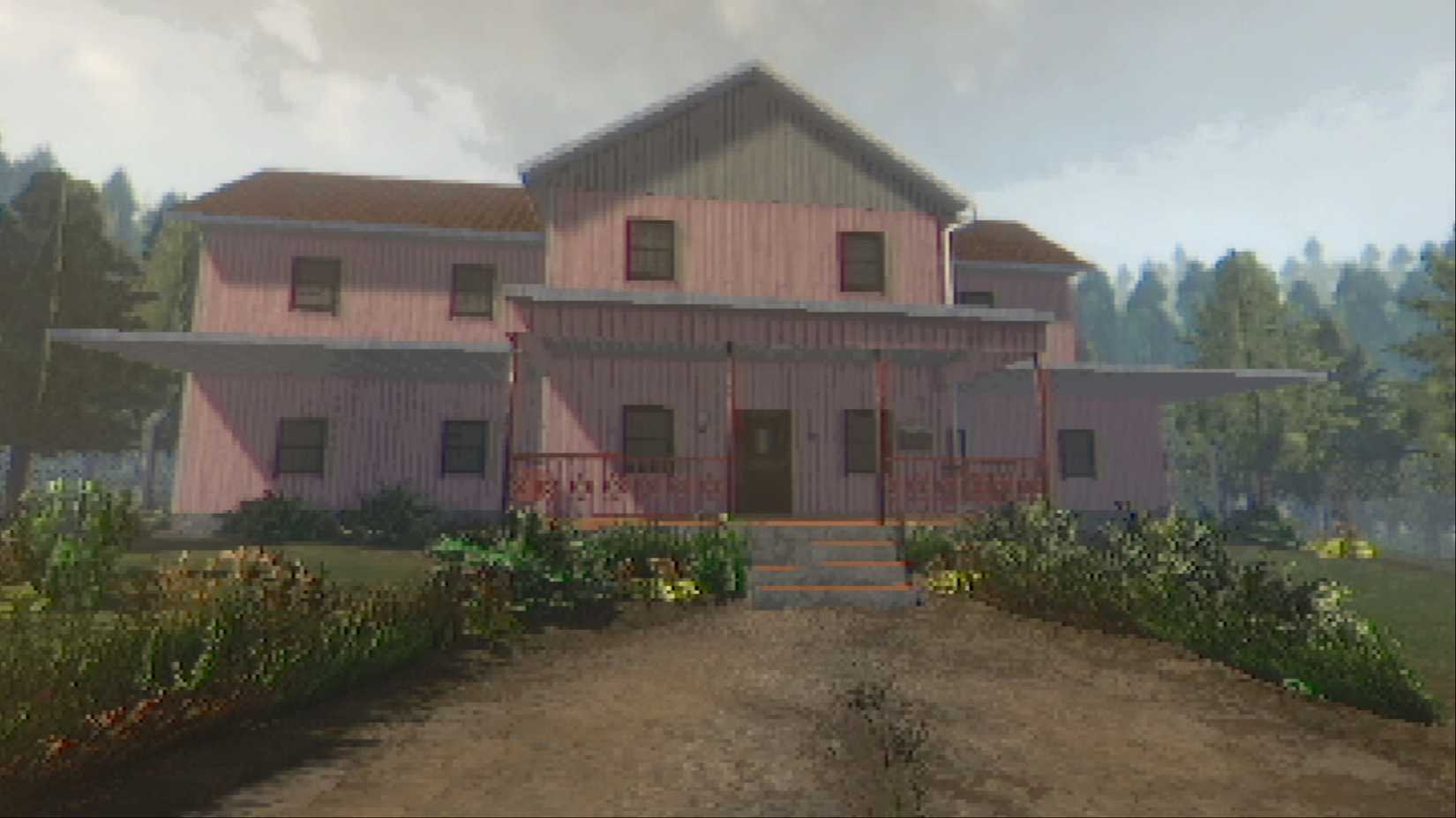 A view from the outside of the pink house in The Windows Are Gone.