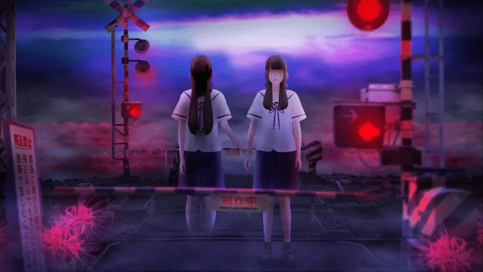 Kiritachi Yumi stands on the track with a distressed expression on Tsugunohi and holds hands with another student.