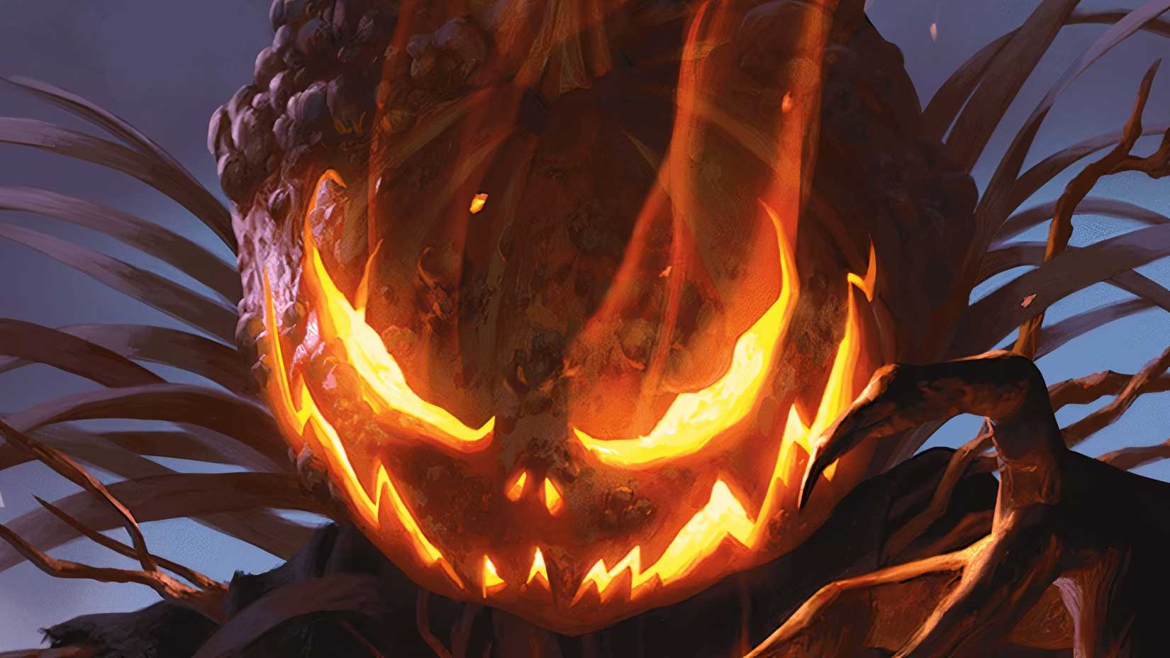 A scarecrow with a jack-o-lantern head. 