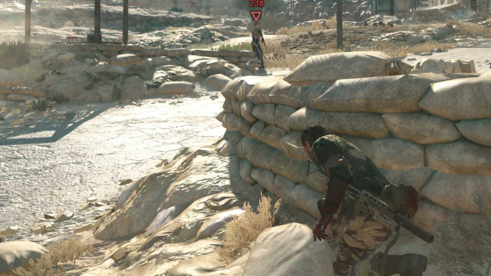 A poisonous snake hiding in some sandbags in Metal Gear Solid 5 The Phantom Pain.