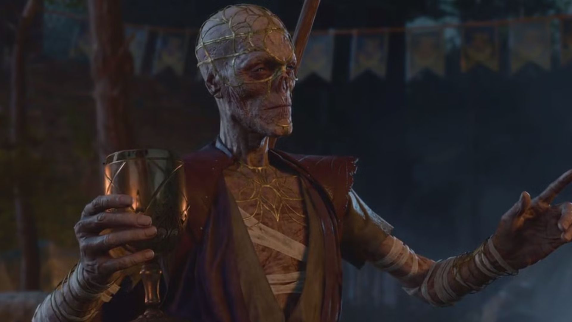 Withers segurando uma taça em Baldur's Gate 3