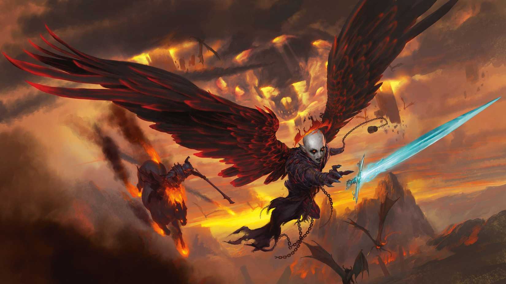 Official cover art for Descent Into Avernus from Dungeons & Dragons (D&D), showing Zariel flying towards her sword.