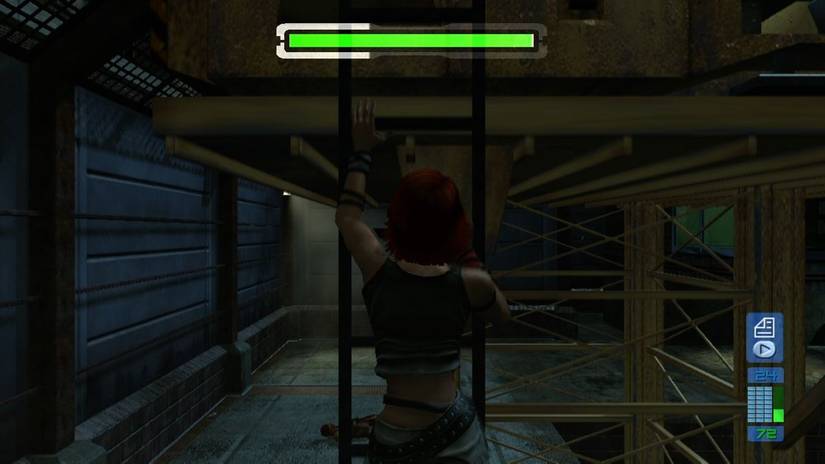 Joanna climbs the stairs to Dark Perfect Dark Zero. 