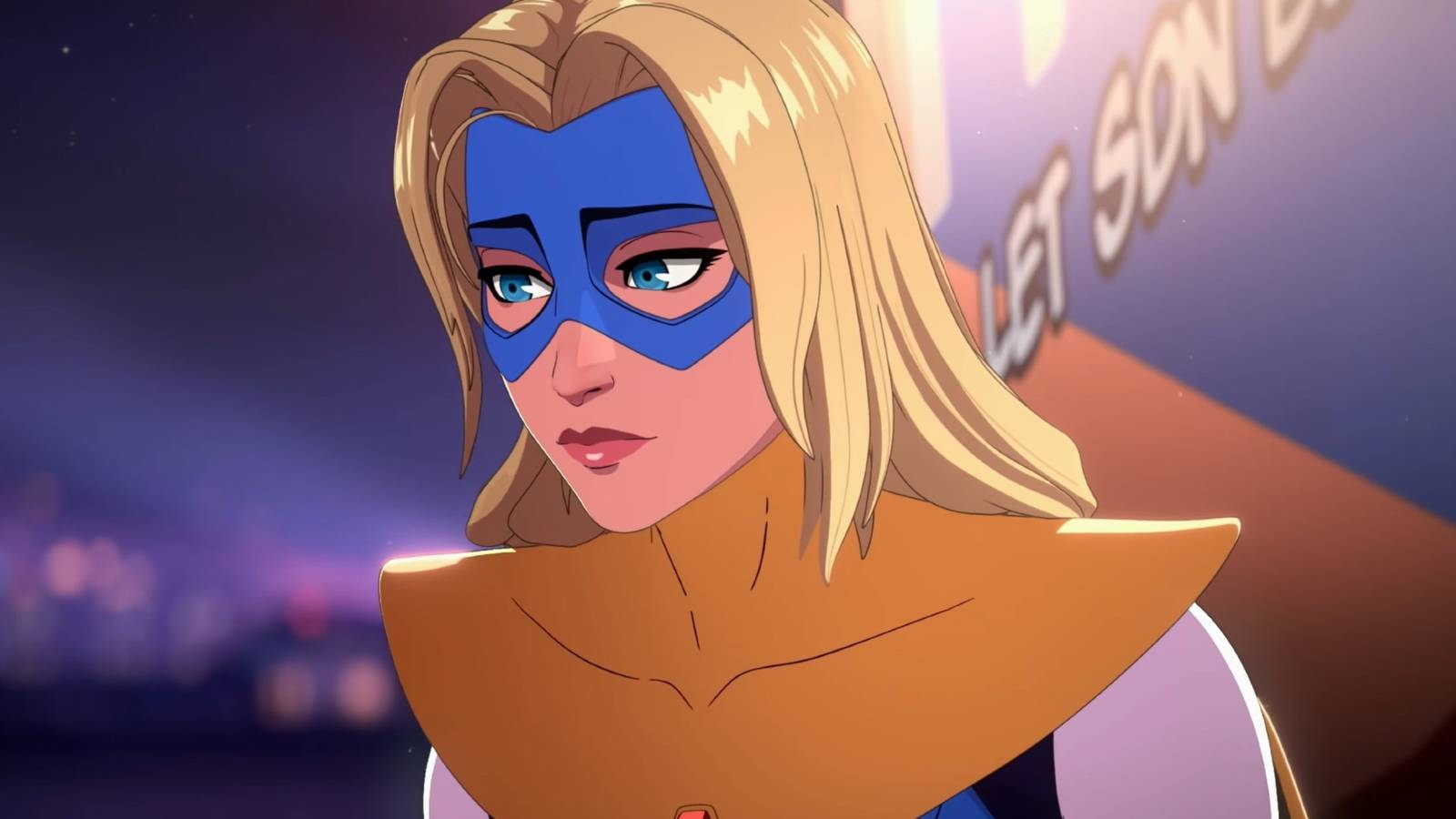 A blonde woman in a blue mask.