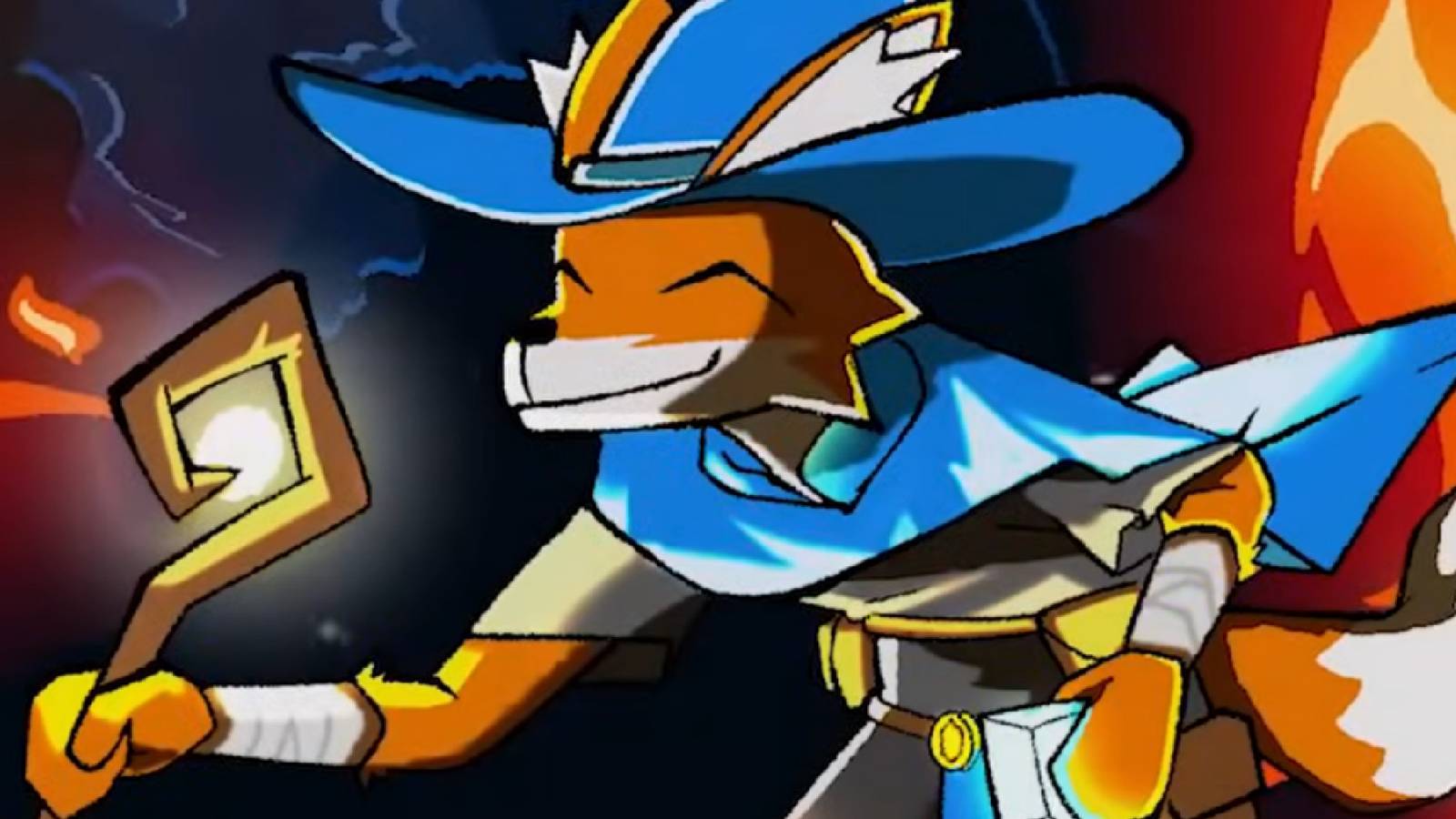 A fox in a blue outfit with a glowing stick
