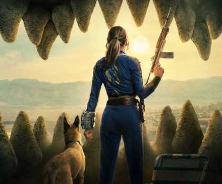A poster for Fallout Season 2 showing Lucy and a dog. Lucy has her back to us and is wielding a gun.