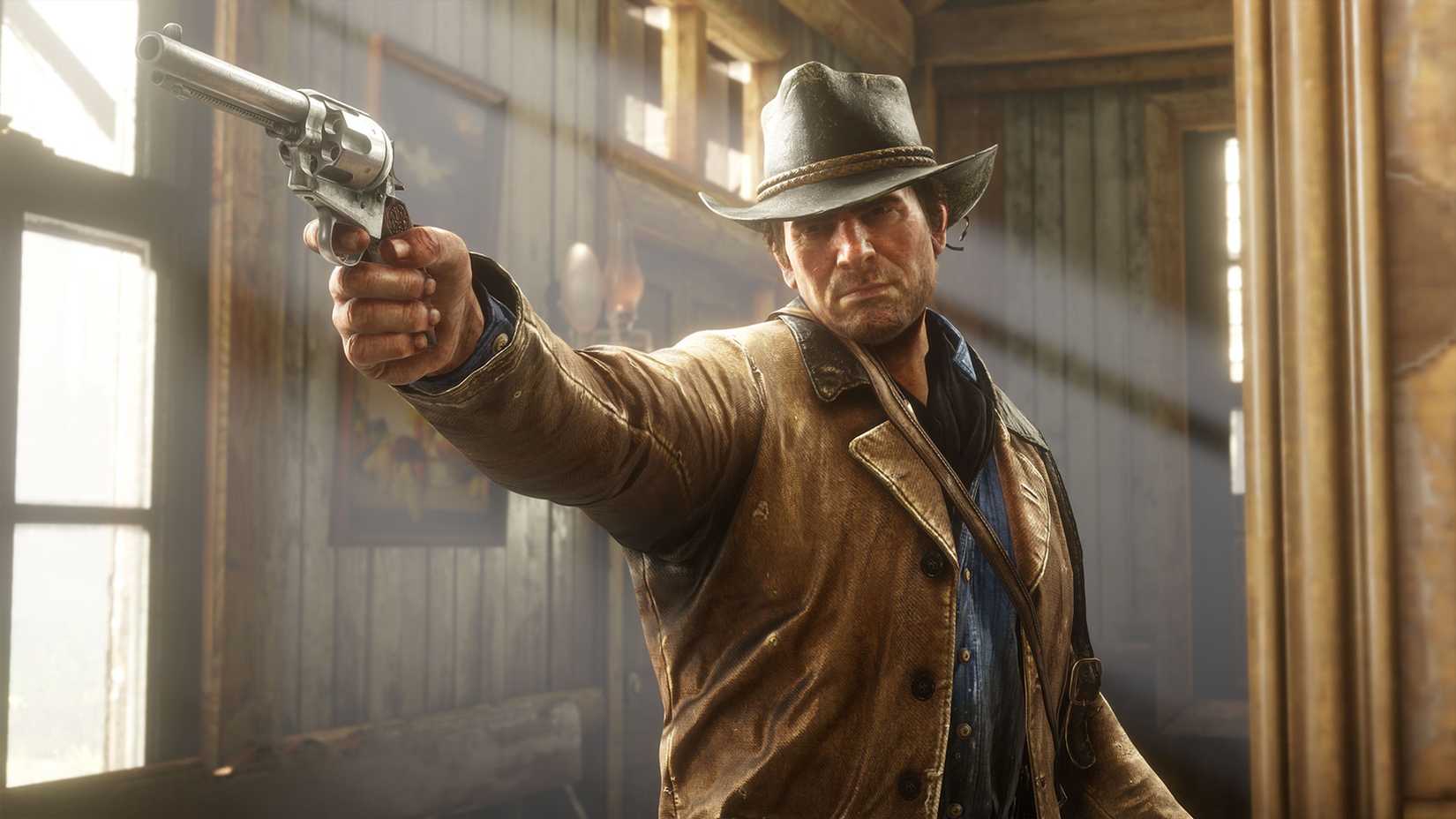 Arthur Morgan points a gun in Red Dead Redemption 2.