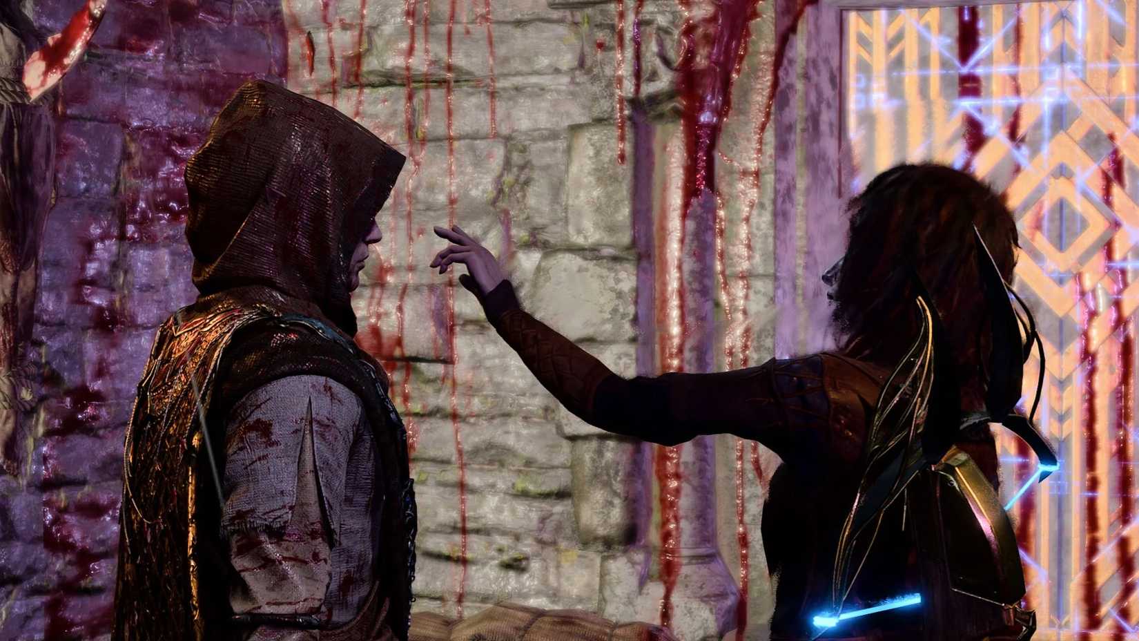 Baldur's Gate 3 screenshot of Tav reaching out to the masked Astarion.