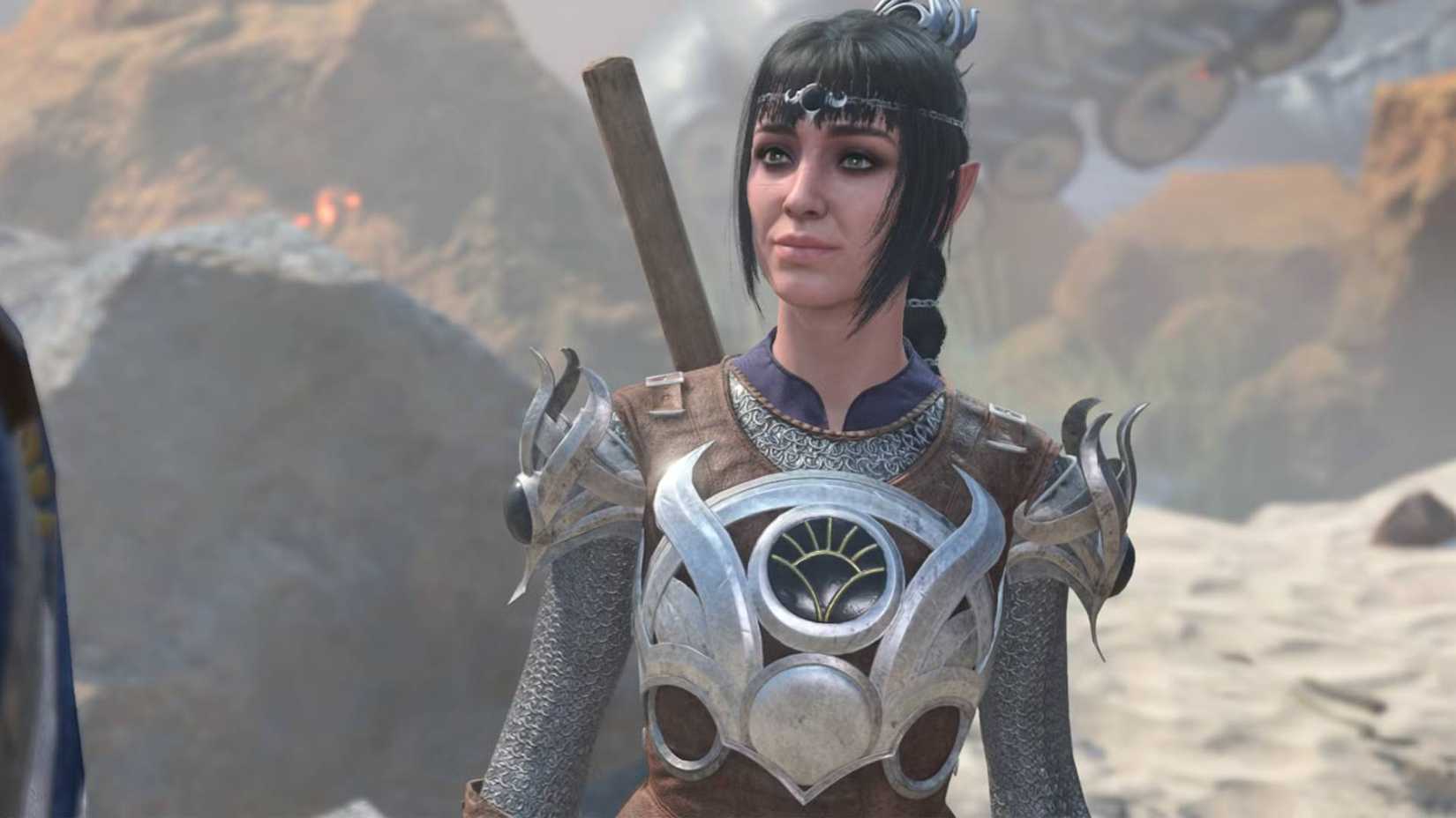 Baldur's Gate 3 Shadowheart standing against a rocky background.