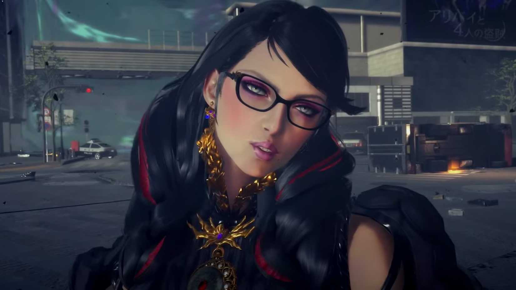 Bayonetta in a ruined city street tilting her head.