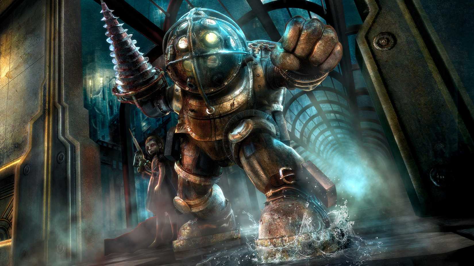 BioShock Big Daddy stands in the Rapture doorway.