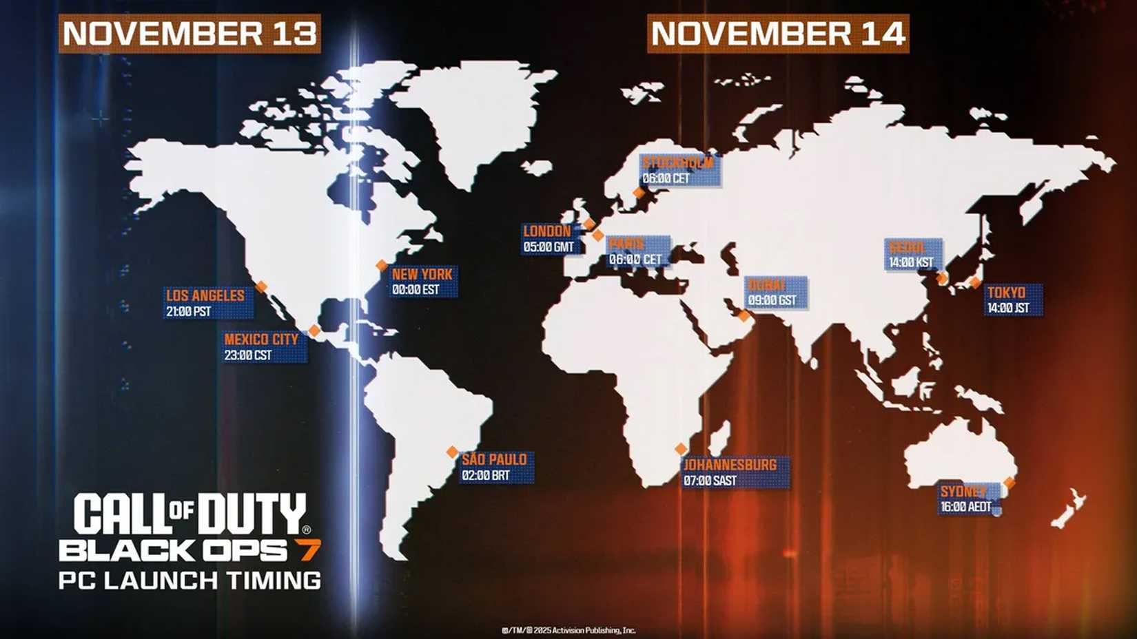 Black Ops 7 release times on a world map.