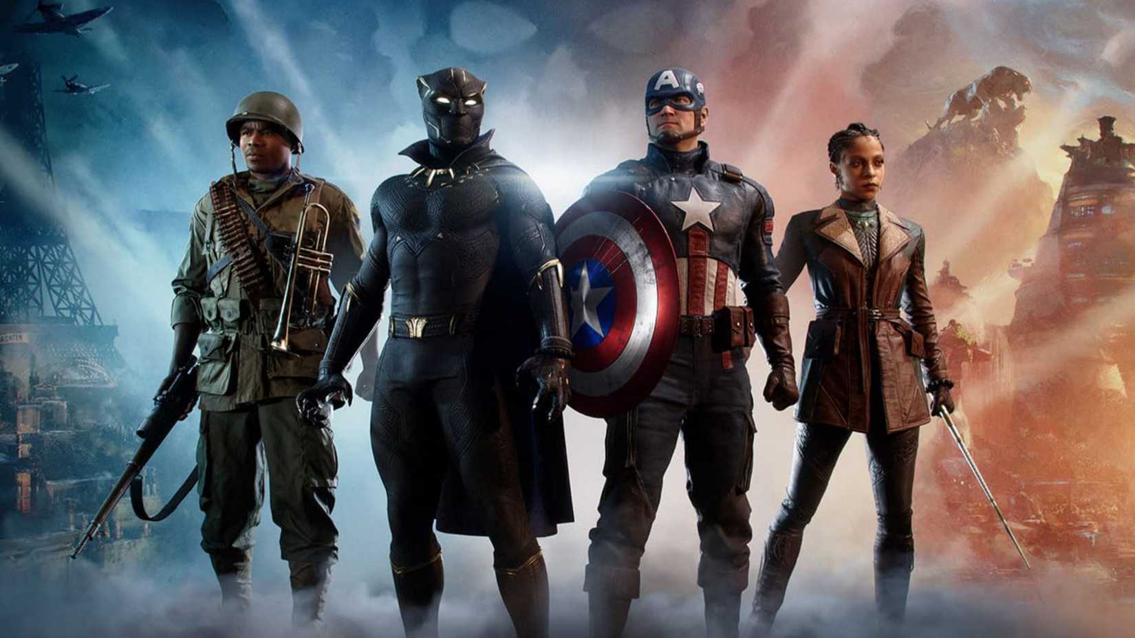 Cover of Marvel's 1943 film Rise of Hydra, showing the four characters standing side by side. One is Black Panther, the other is Captain America.