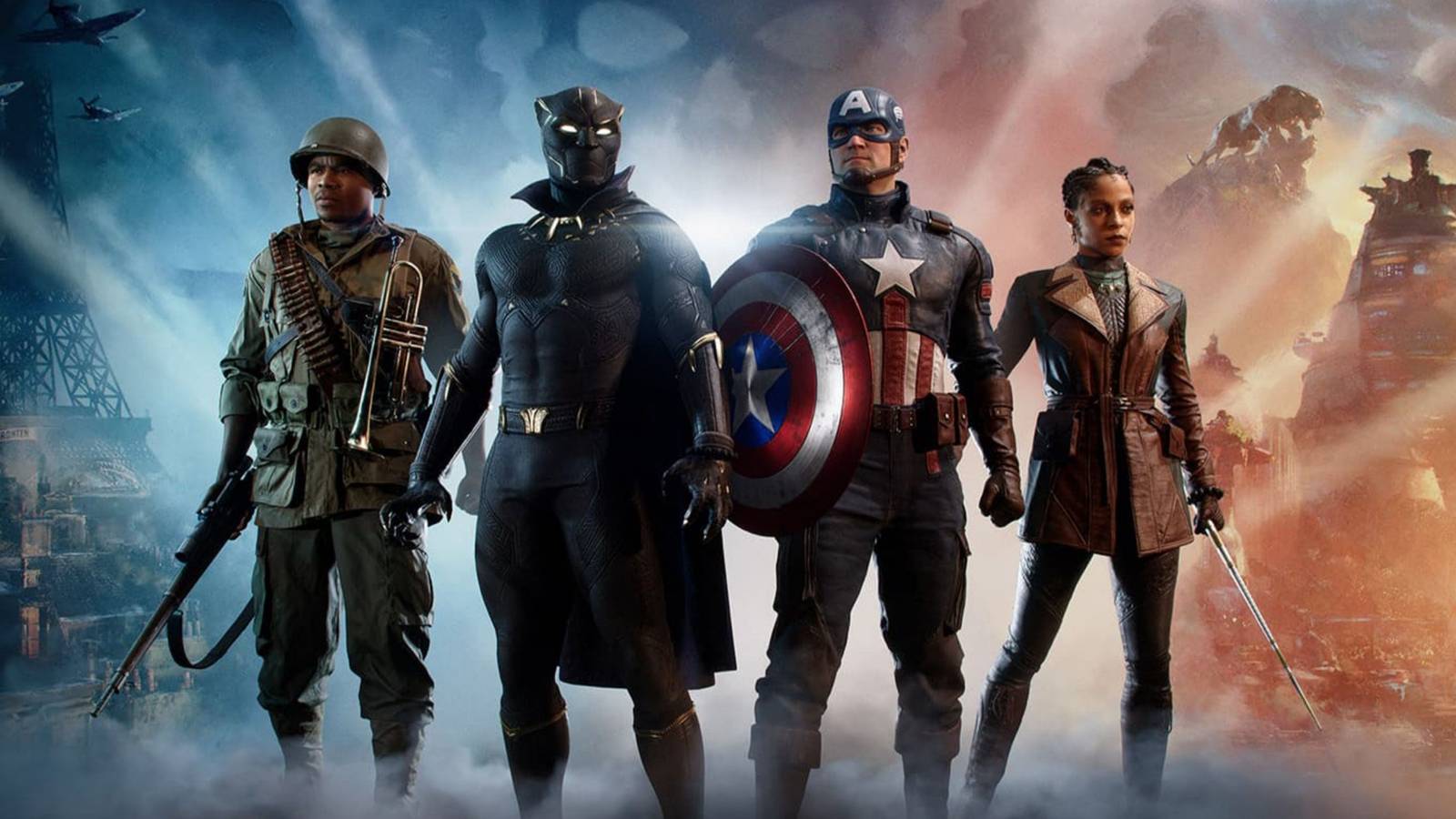 Cover of Marvel's 1943 film Rise of Hydra, showing the four characters standing side by side. One is Black Panther, the other is Captain America.