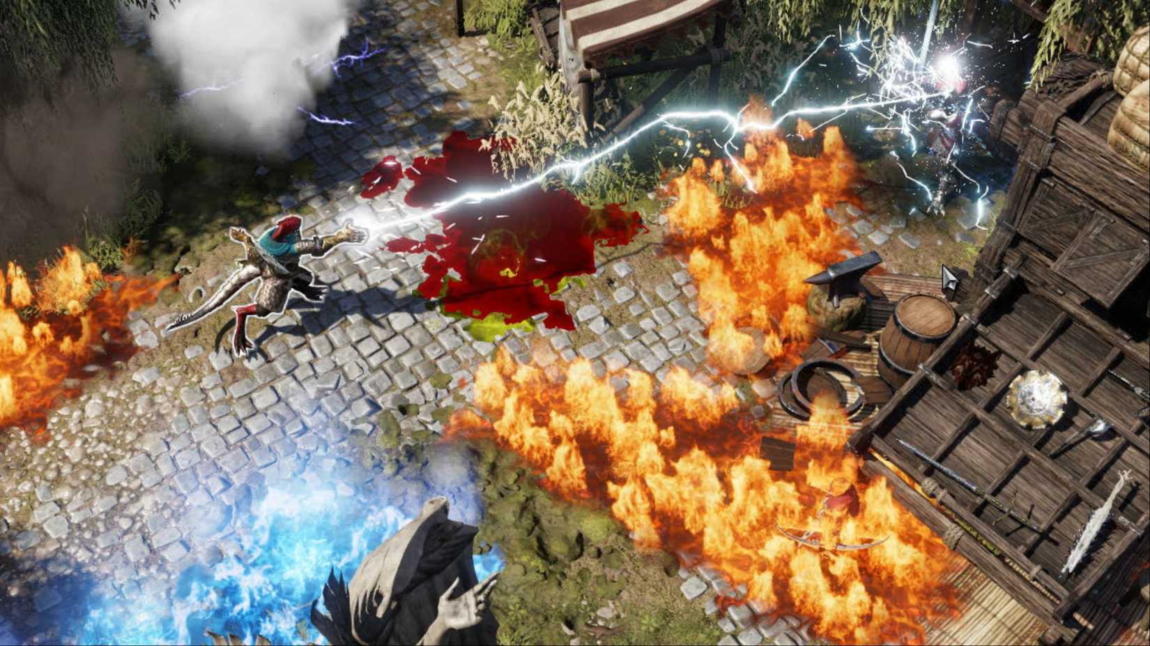 A lizard man casting lightning on an enemy unit in Divinity: Original Sin 2.