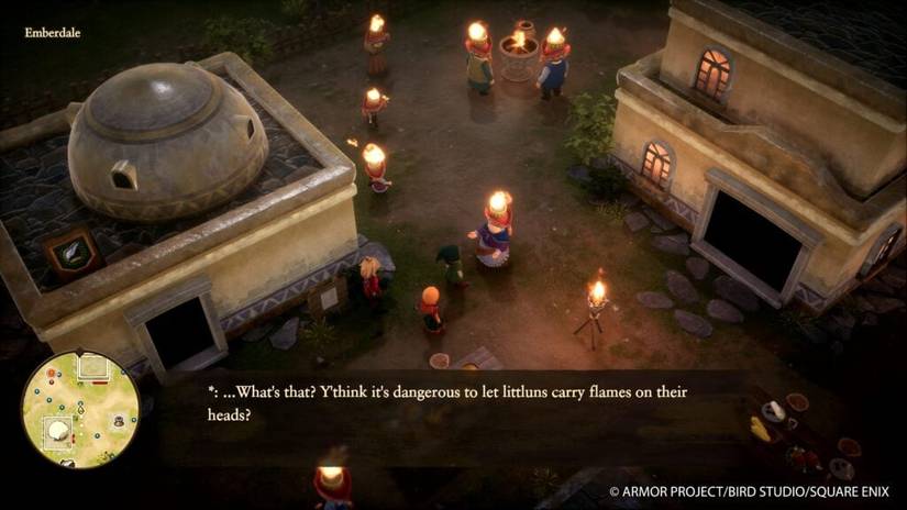 A villager thinks the hero is wrong to worry about little kids with fire on their heads in the Dragon Quest 7 reimagining.