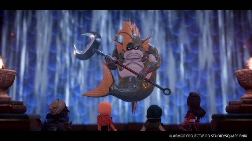 Dragon Quest 7 reimagined screenshots of a merman boss.