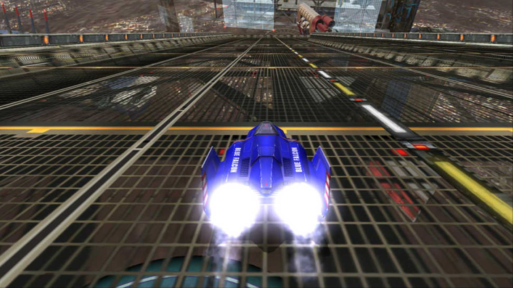 Captain Falcon flies down a winding track with his Blue Falcon in F-Zero GX.