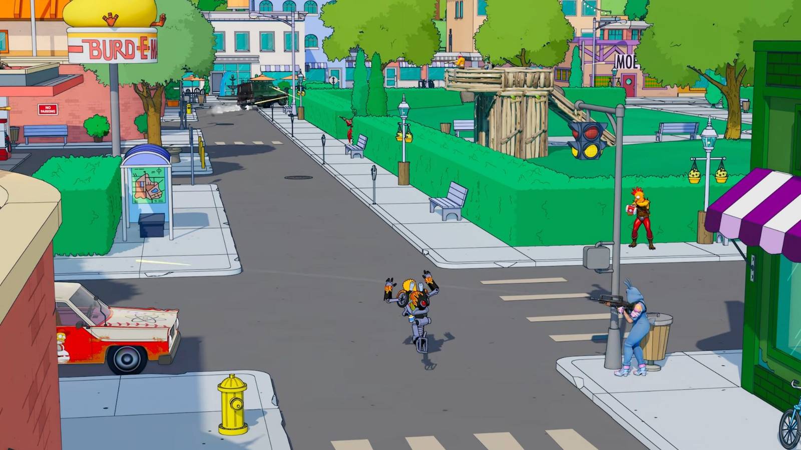 Bart running through Springfield in Fortnite's The Simpsons season.