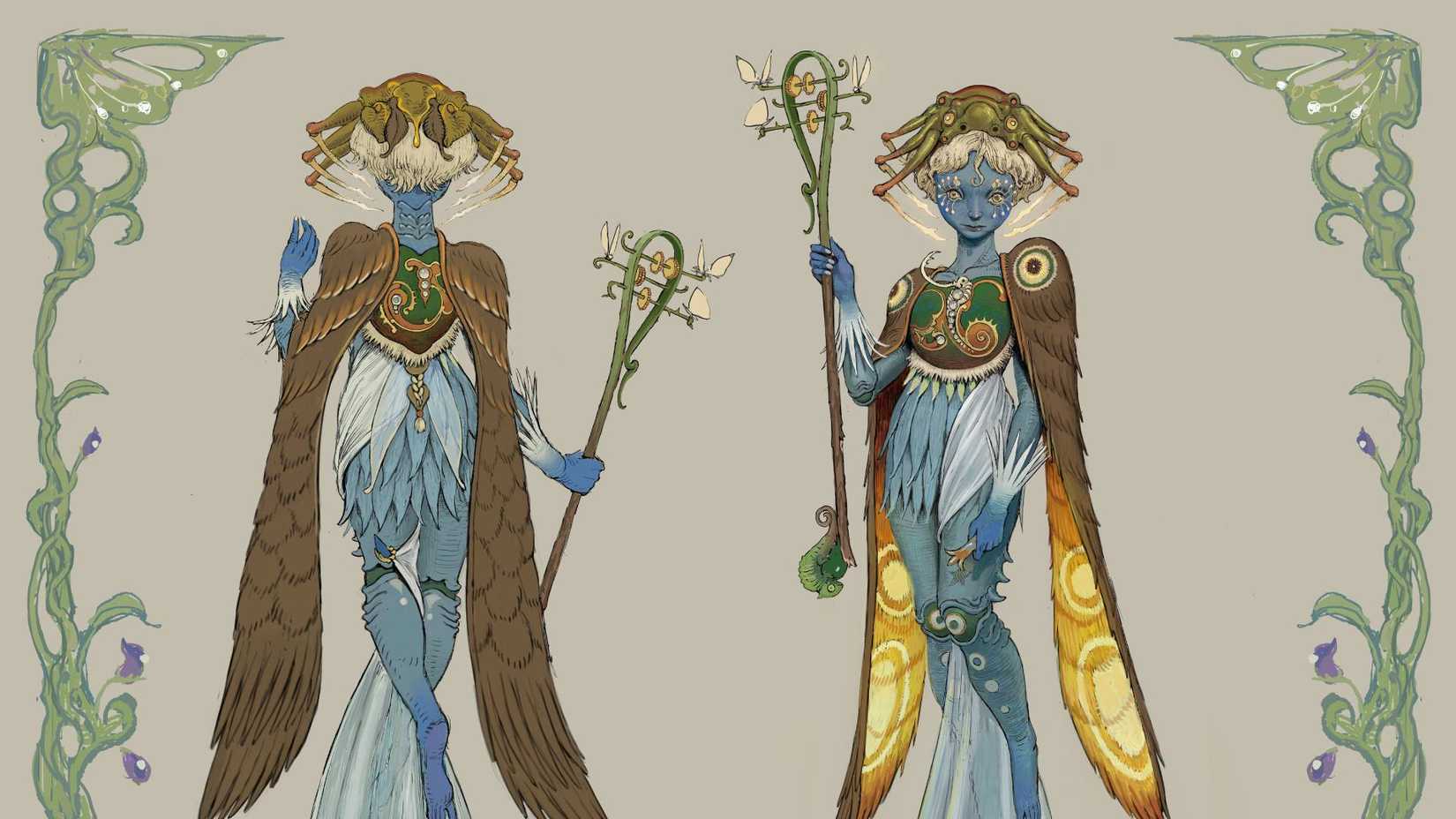 Front and back concept art for Alora, the Empress of Eldveil, in Soulframe.