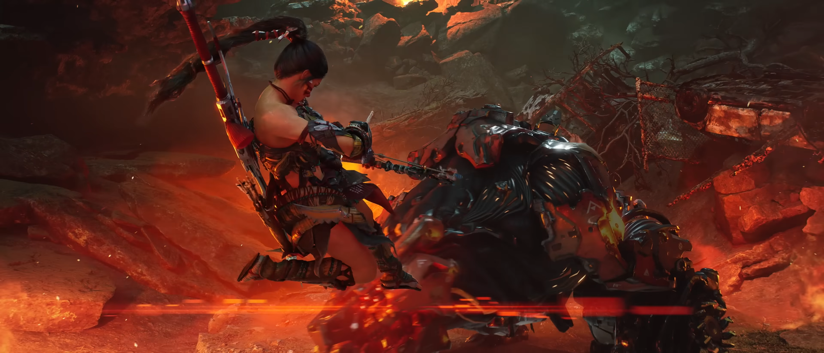 Horizon character firing a bow towards a monster.