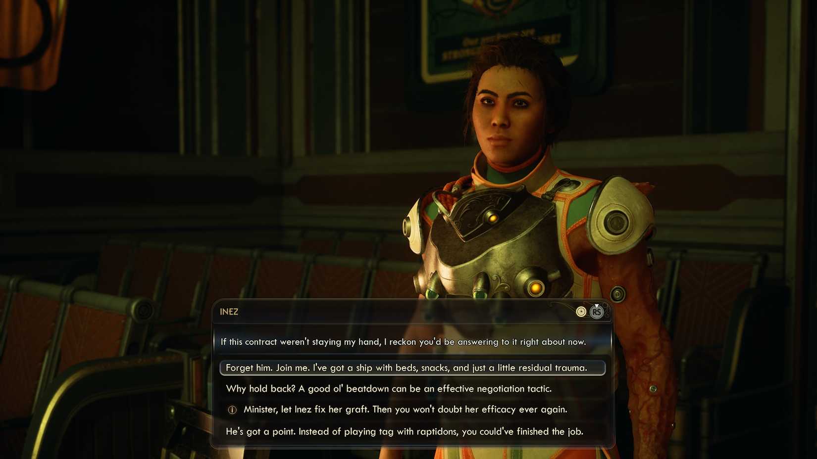 Inez looking past the screen during a conversation in The Outer Worlds 2.