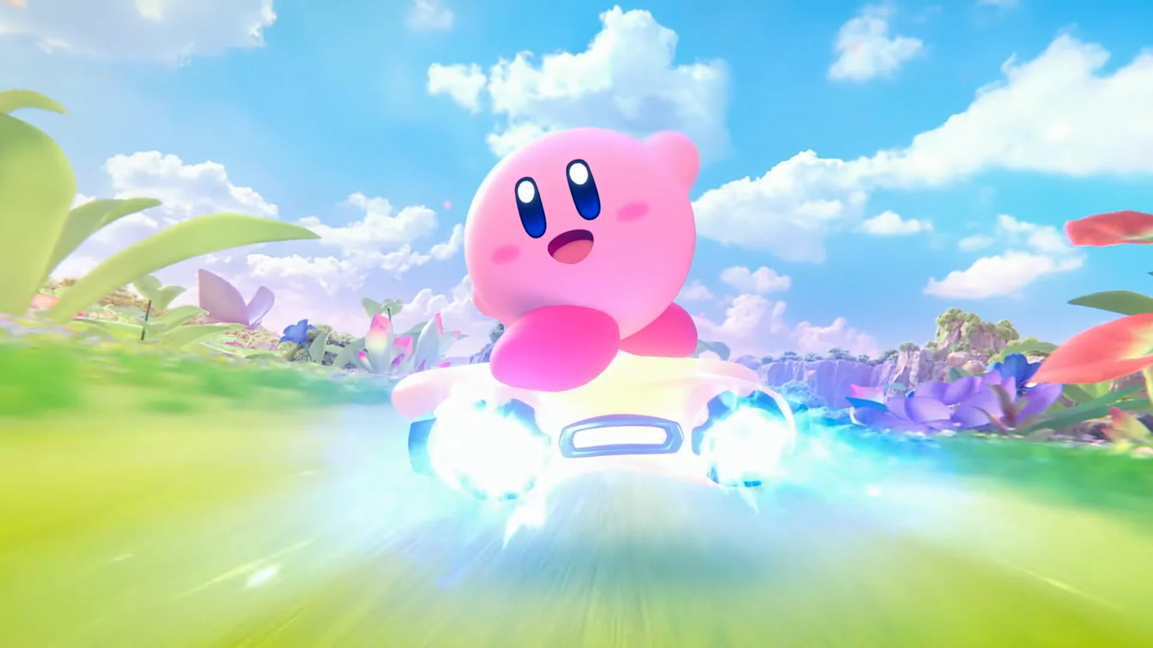 Kirby waves at the camera before zooming away in Kirby Air Riders.
