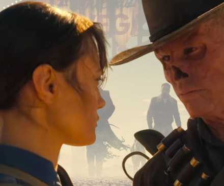 Lucy and the Ghoul looking at each other in Fallout season 2.