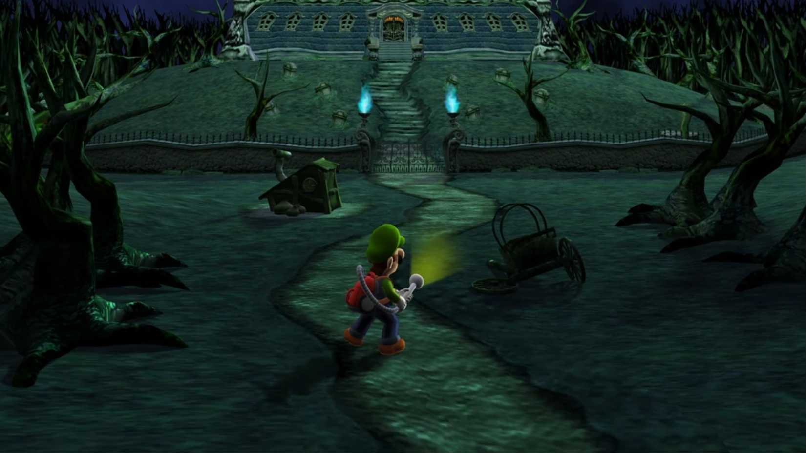 Luigi shyly walks up the winding road to his haunted mansion in Luigi's Mansion.