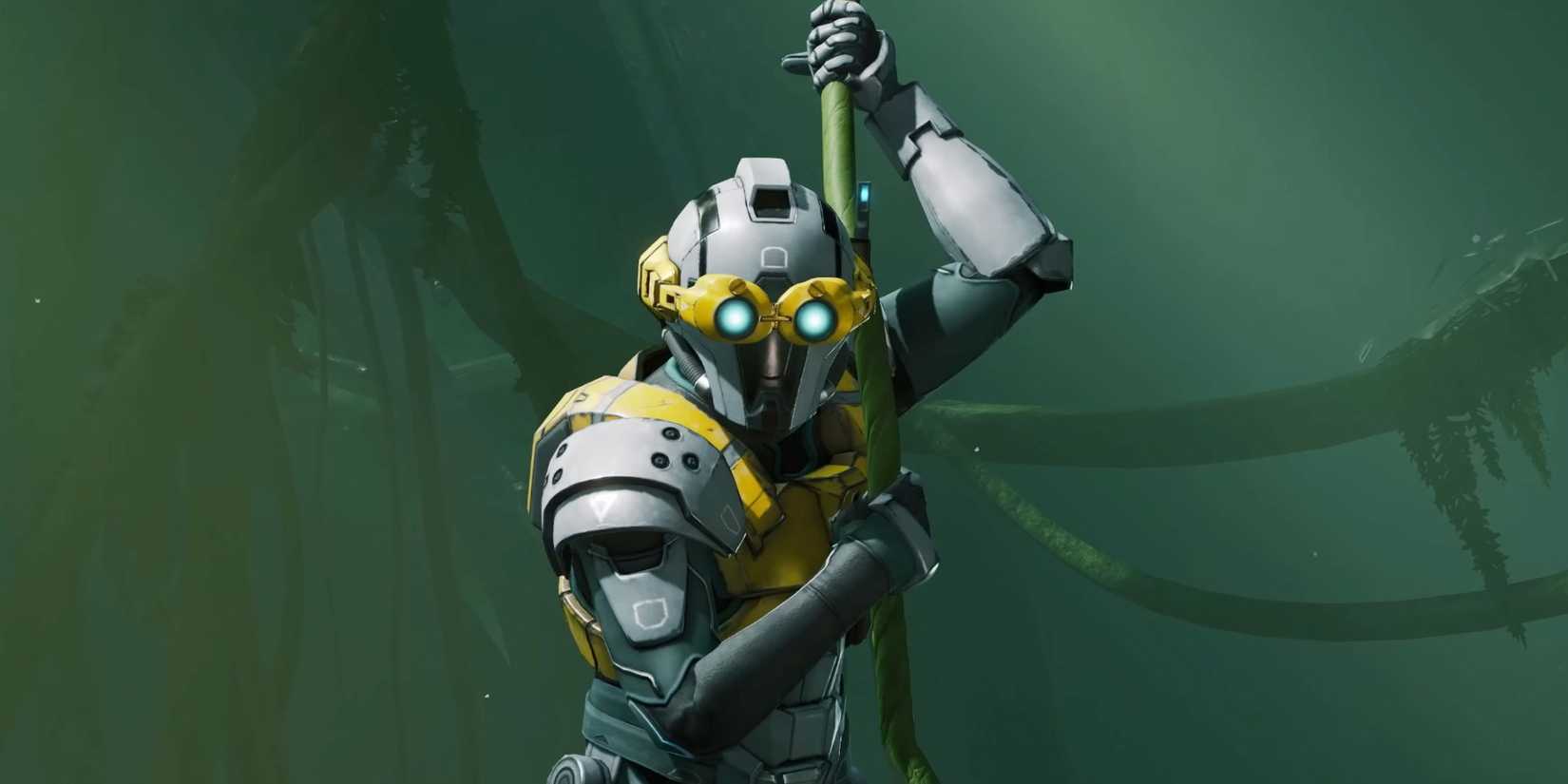 Miles Mackenzie hanging from a vine in Metroid Prime 4: Beyond.