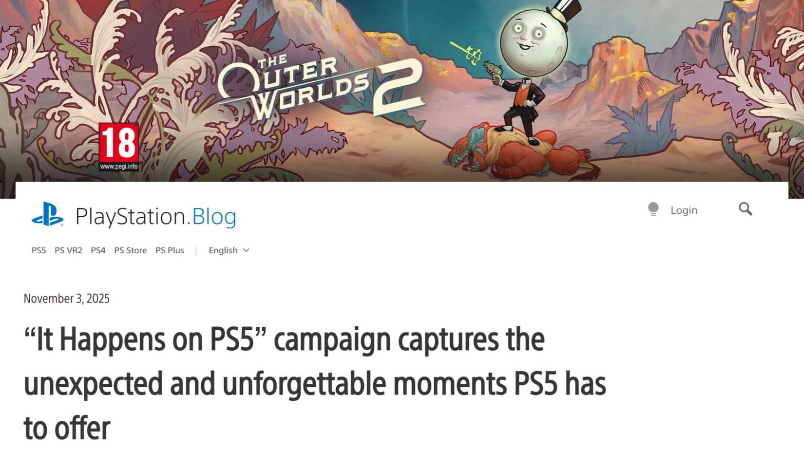 the outer world 2 banner ad above that happens on the PS5 ad campaign message.