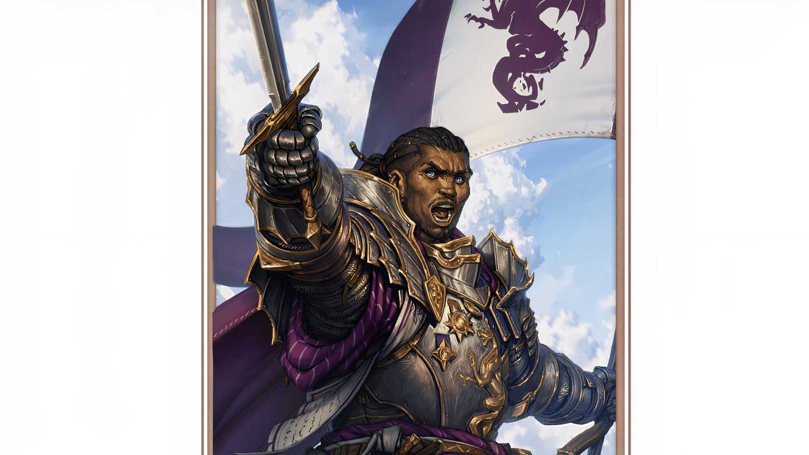A Banneret fighter holding a sword and banner in DND. 