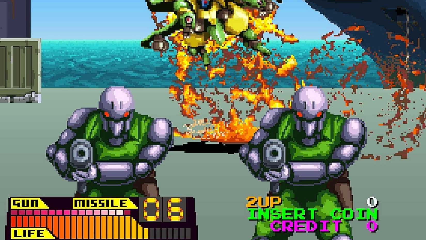 enemies in steel gunner pointing guns at the screen.