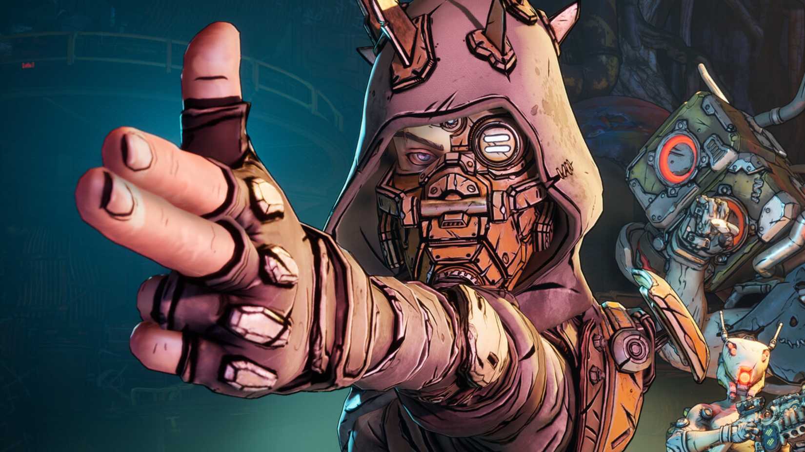 a borderlands 4 character aiming a finger gun behind the camera.