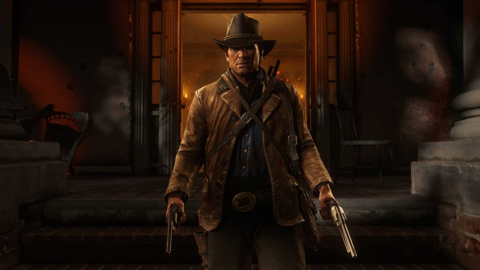 Arthur Morgan leaving a building in Red Dead Redemption 2.