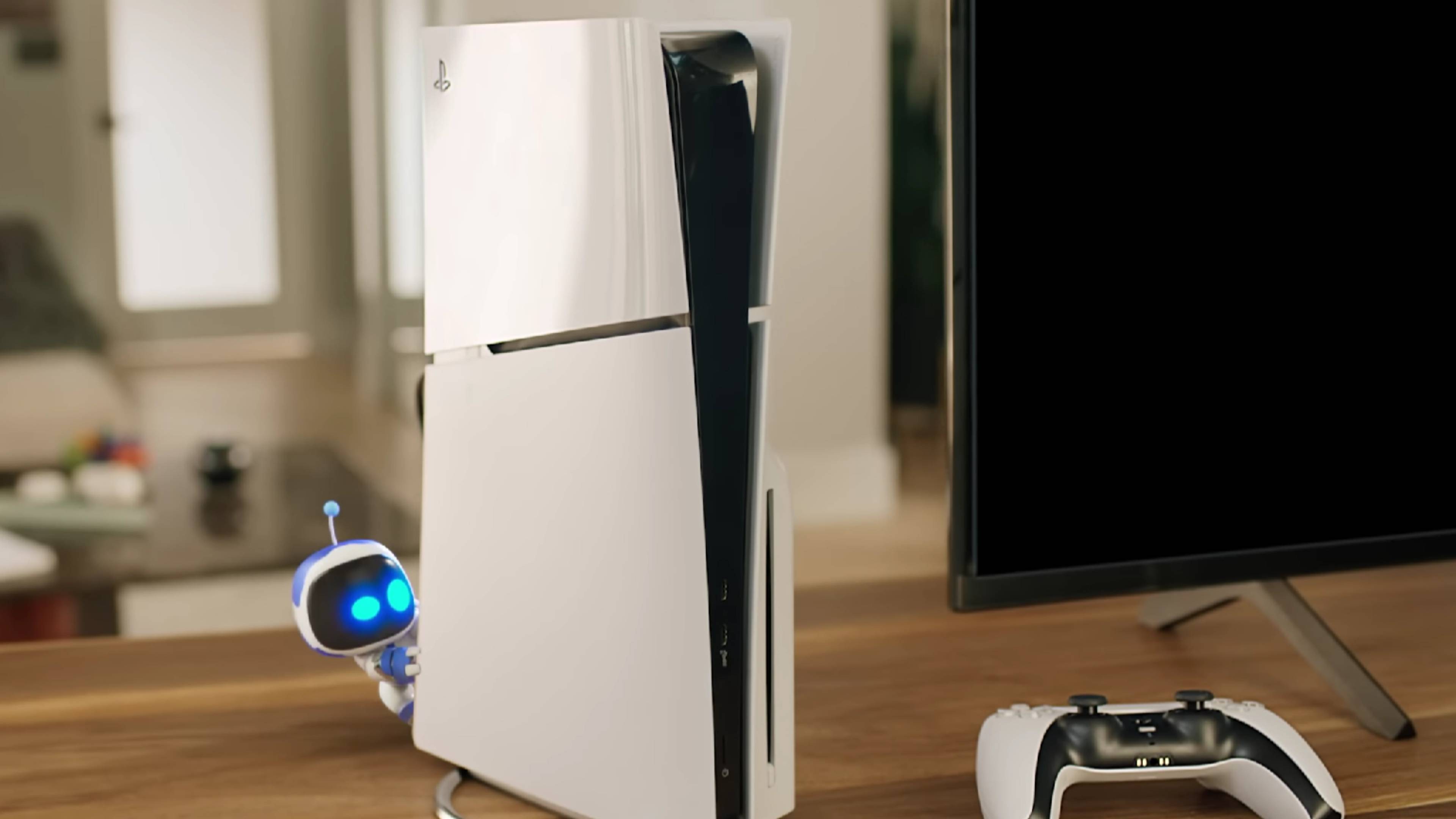 astro bot peeking around a ps5.