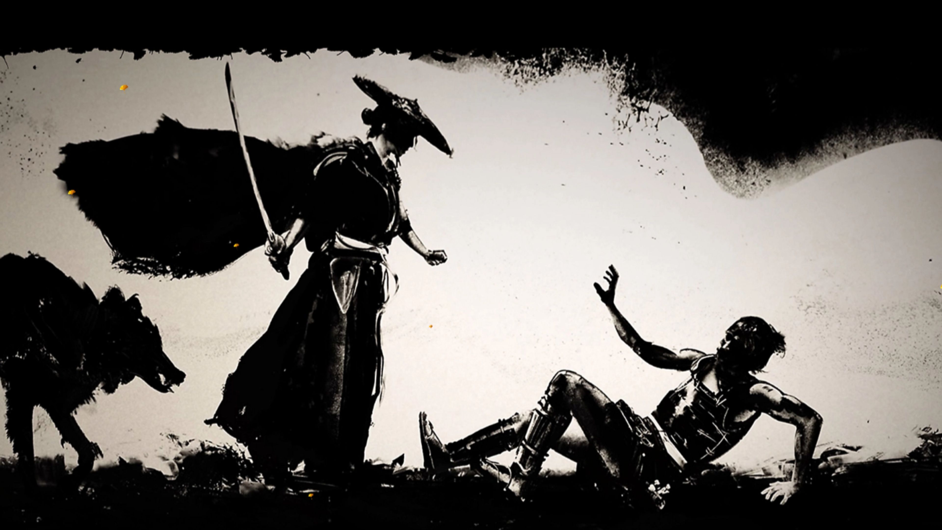 atsu from ghost of yotei about to attack someone on the ground silhouettes.