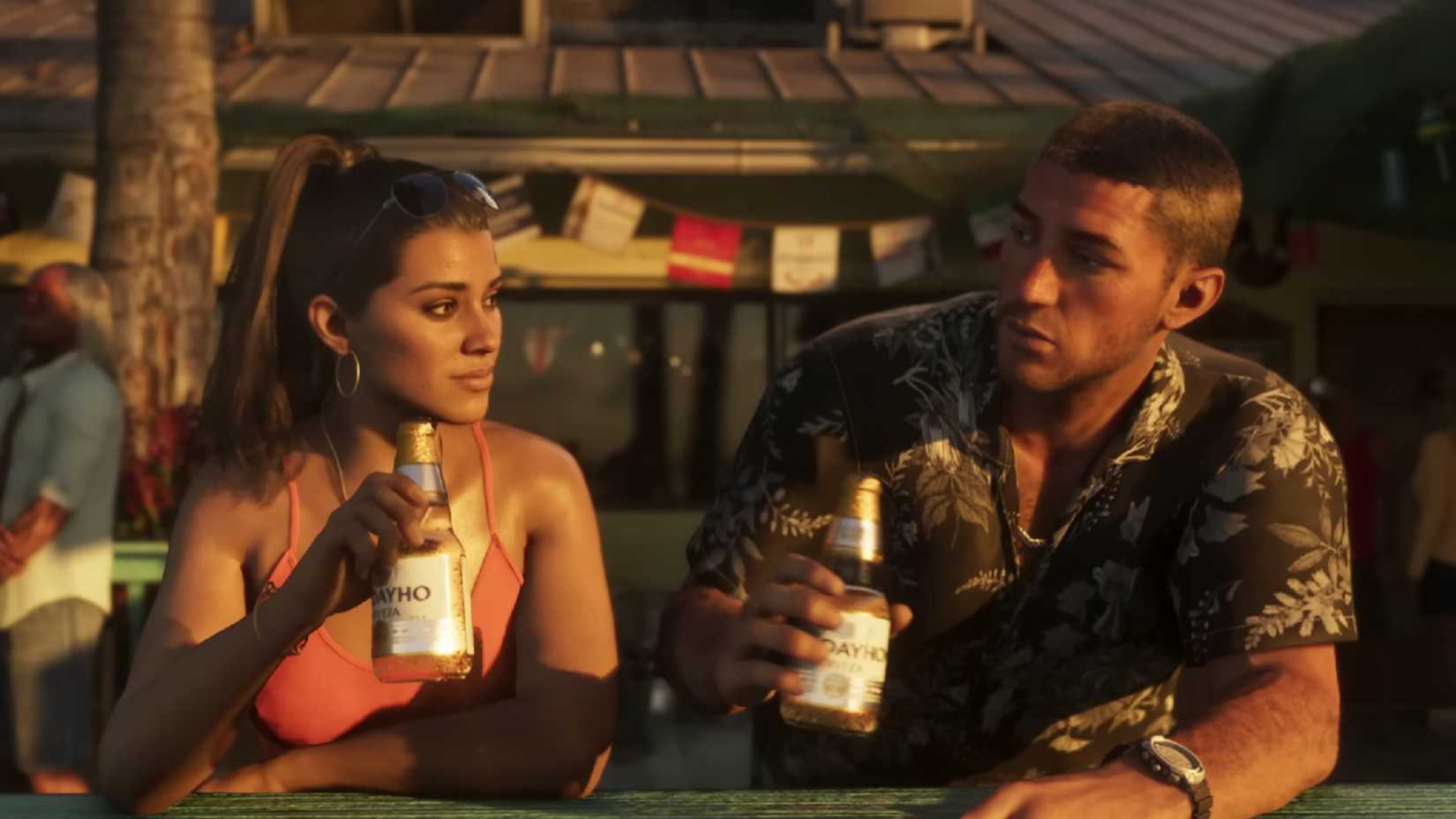Jason and Lucia drinking beer in GTA 6.