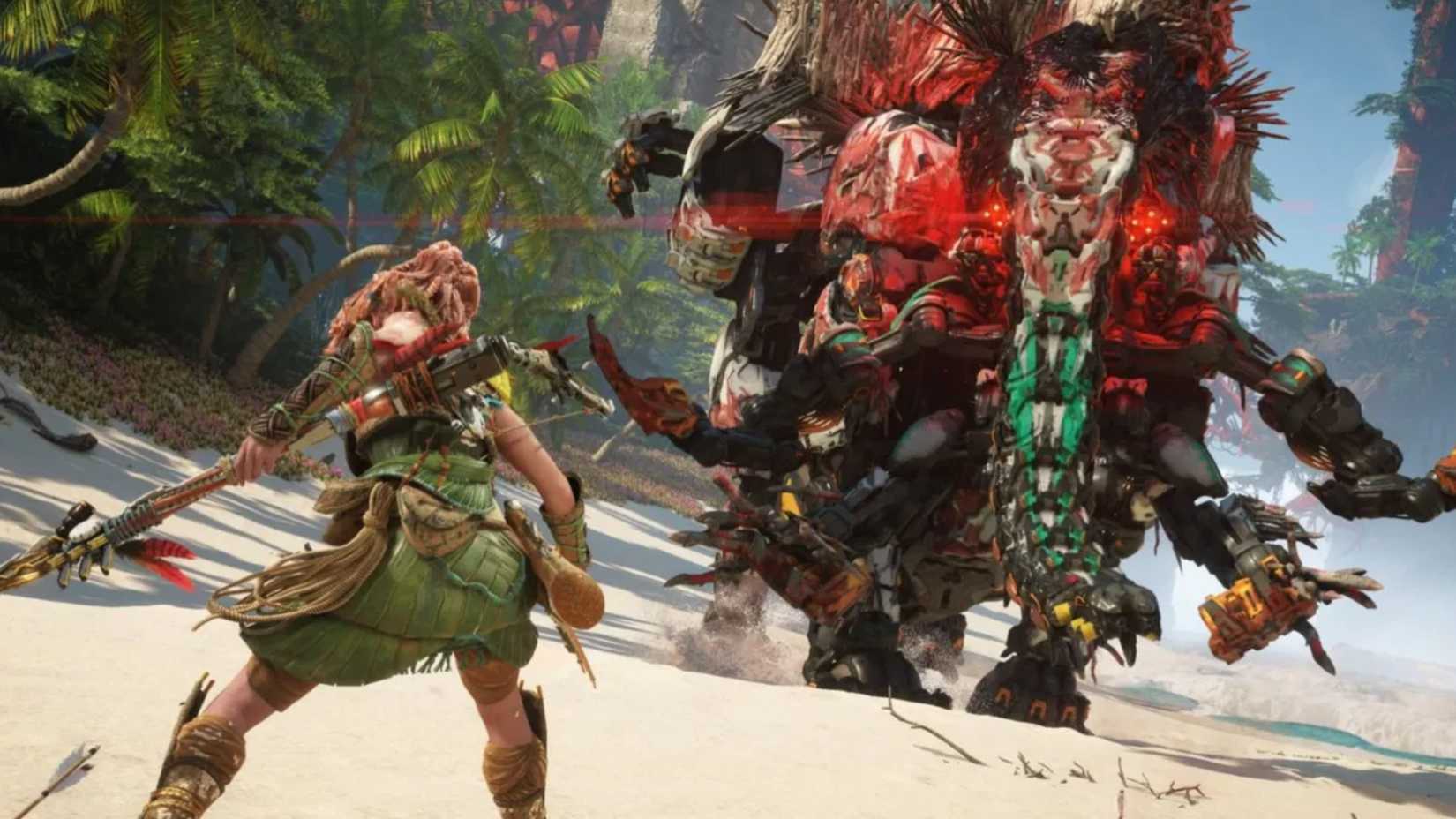 aloy fighting a tremoretusk in the forbidding west of the horizon.