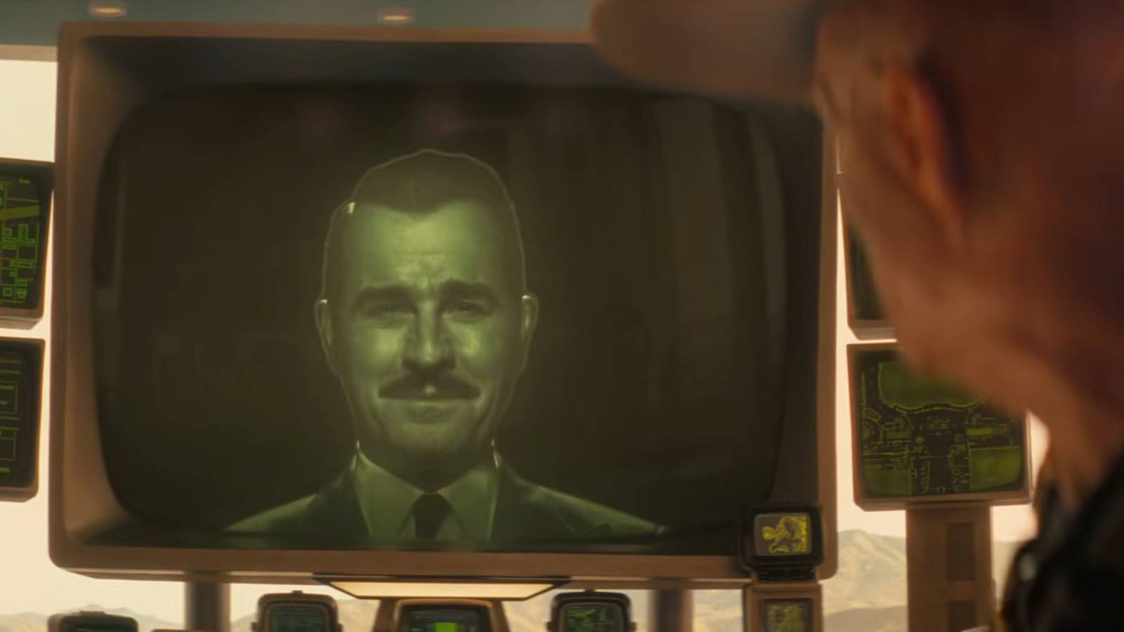 Mr House's face on a giant television screen in Fallout season 2.