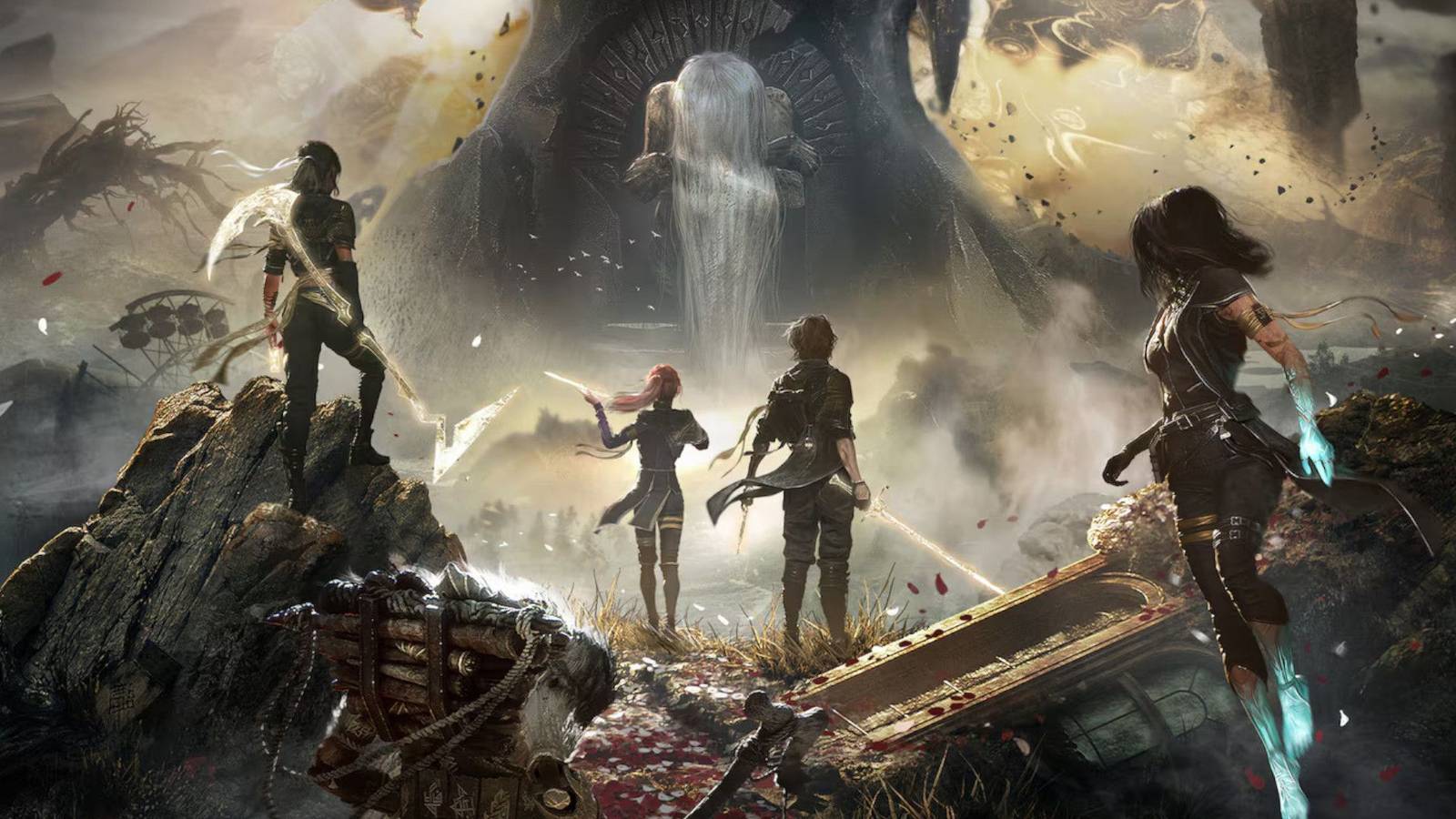 Clair Obscur: Expedition 33 Key Art featuring Gustav, Maelle, Lune, and Sciel facing off against the Paintress. 