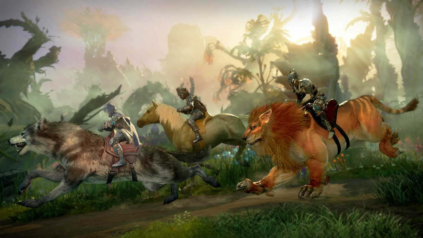 Screenshot of New World showing players riding mounts. The mountain is a horse, a wolf and a tiger.