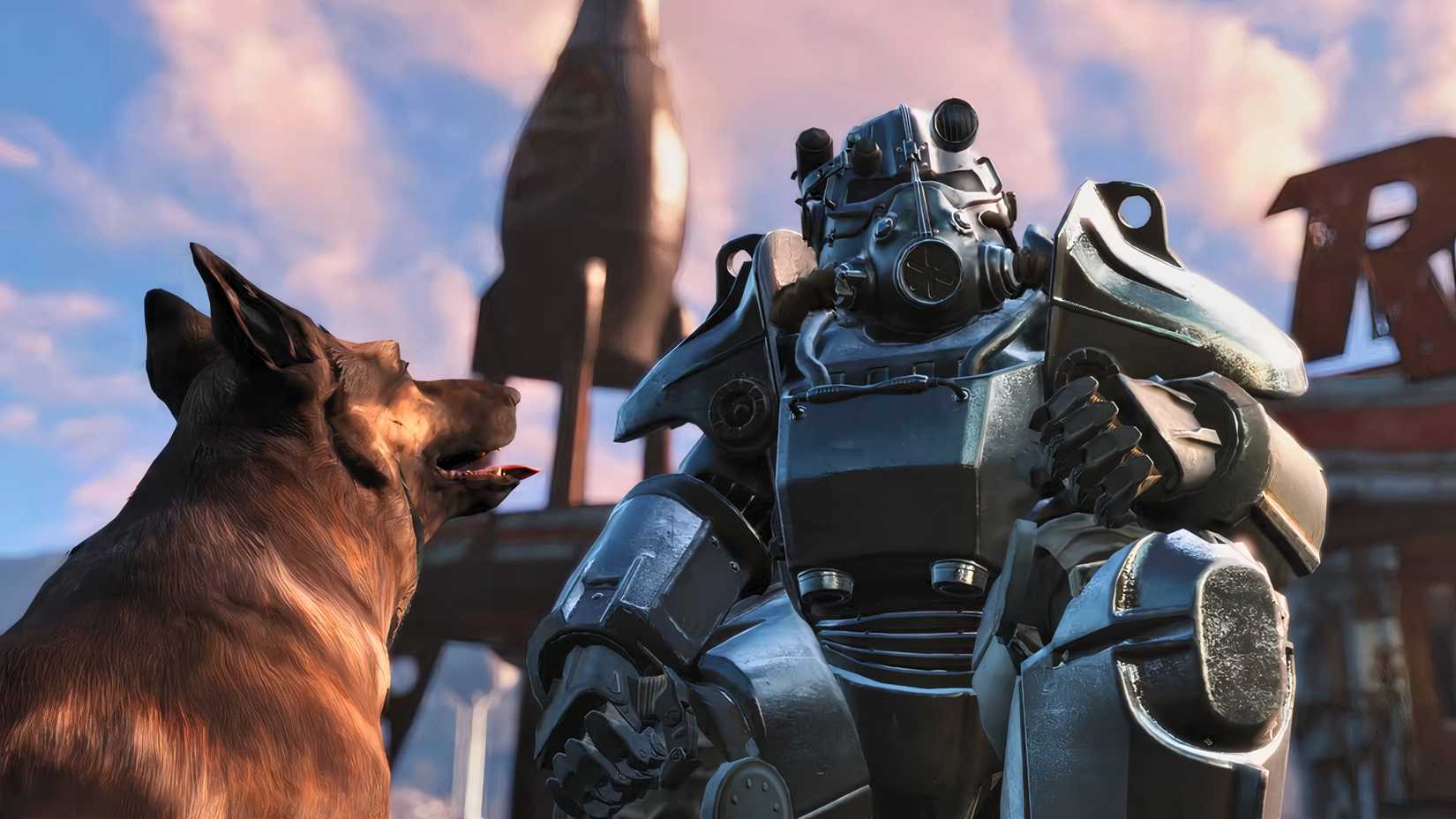Players in armor and dogmeat facing each other in Fallout 4 Anniversary Edition.