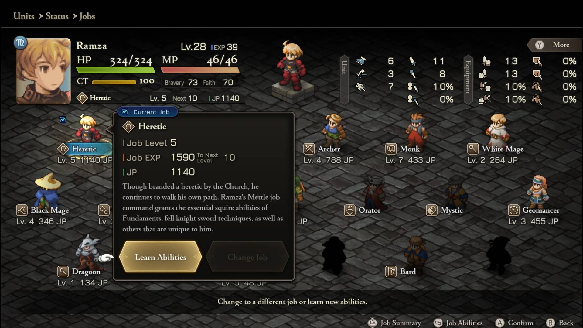 Ramza Beoulve em Final Fantasy Tactics com a classe Herético