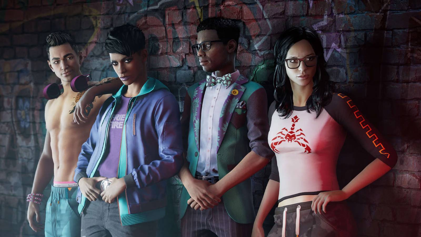Saints Row reboot squad leaning against a brick wall.