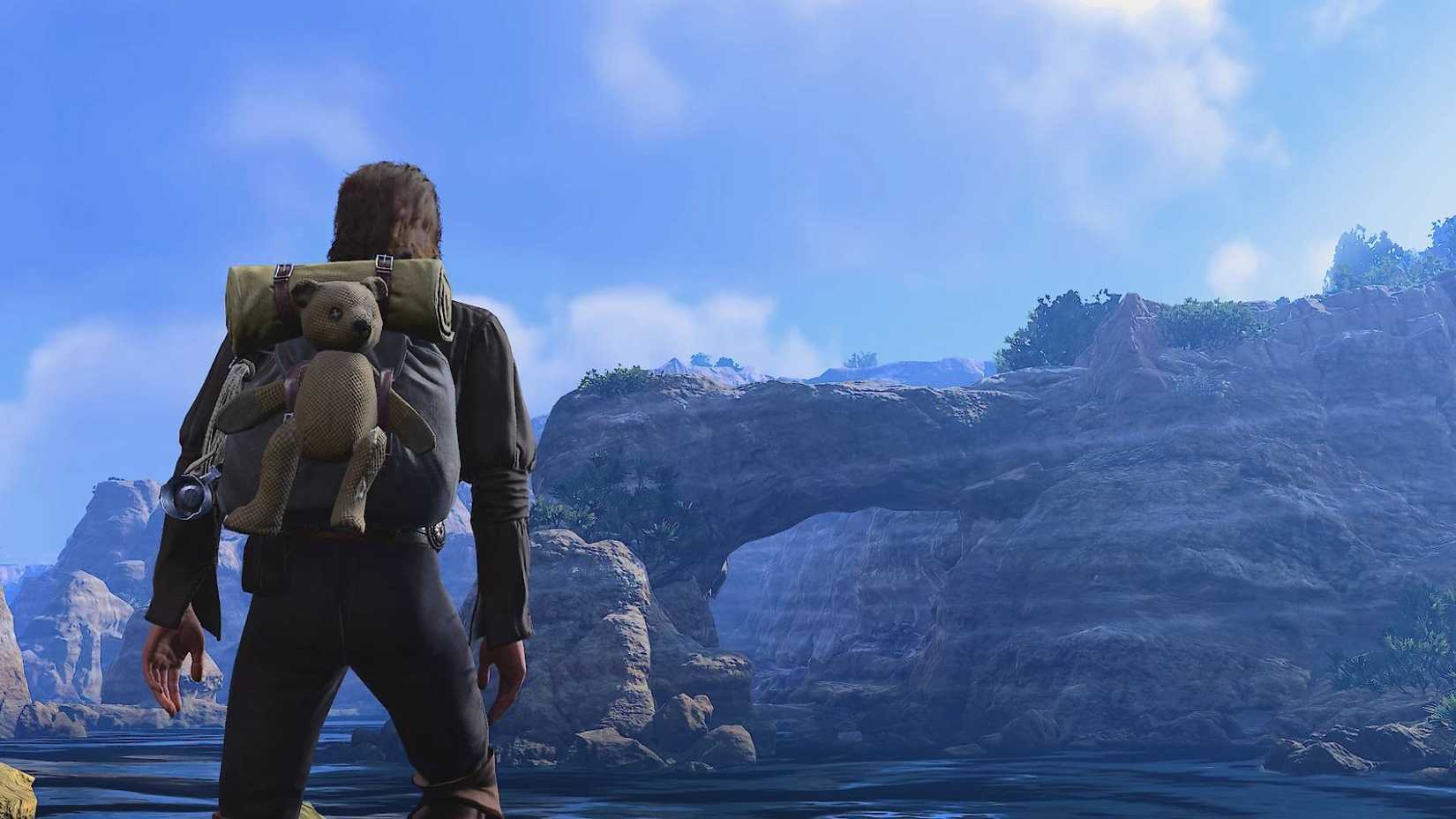 Gale from Baldur's Gate 3 is wearing a backpack with a teddy bear.