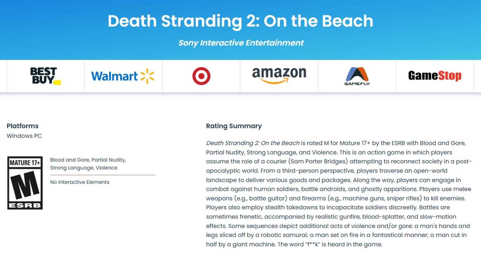 An ESRB rating for the PC port of Death Stranding 2: On the Beach.